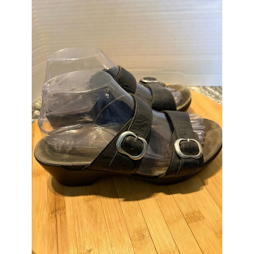 Dansko Women Black Leather Double Buckle Slide Wedge Sandals Size 40